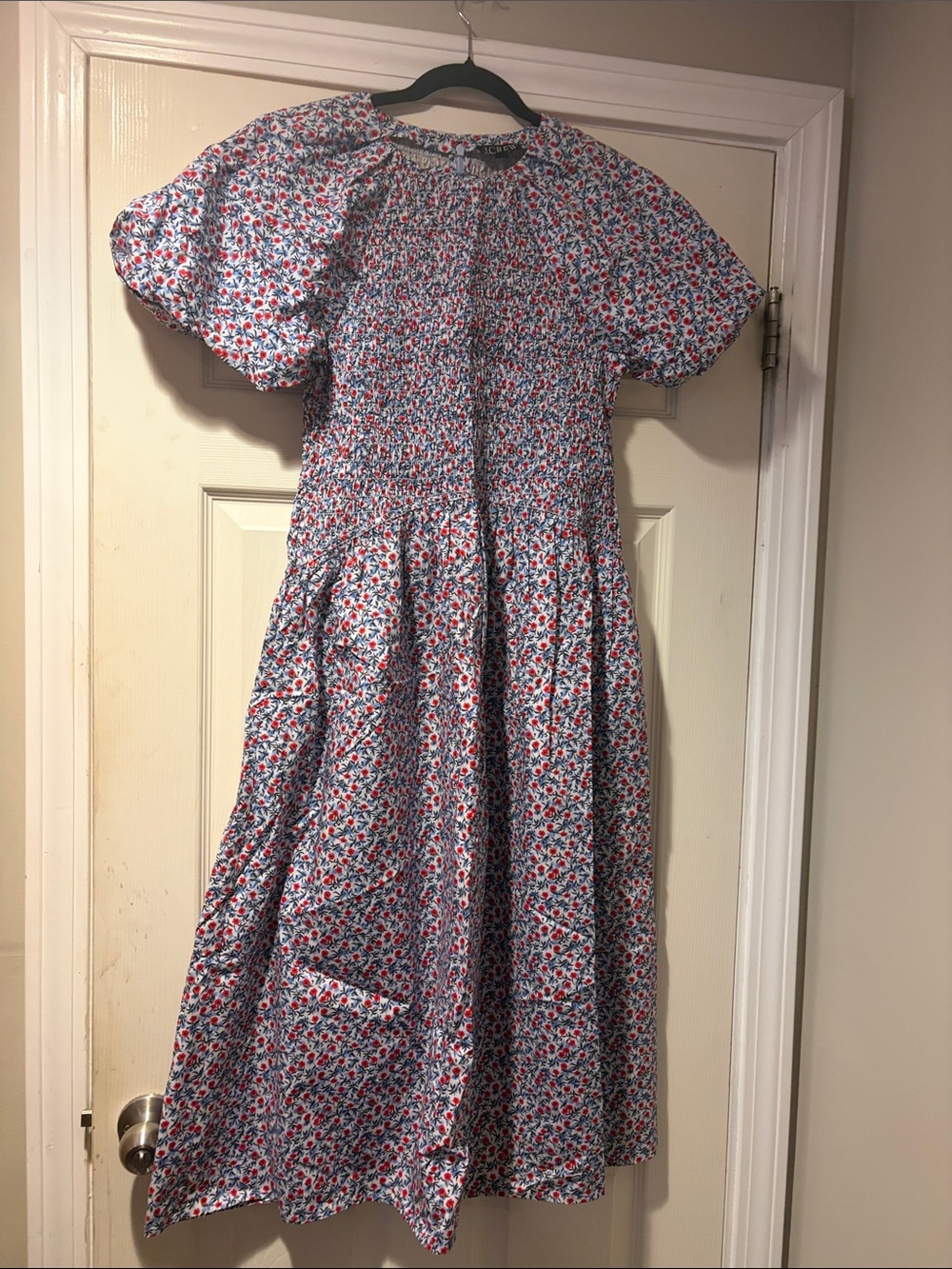 J. Crew Red and Blue Floral Midi Dress with Puff Sleeves - Picture 2 of 6